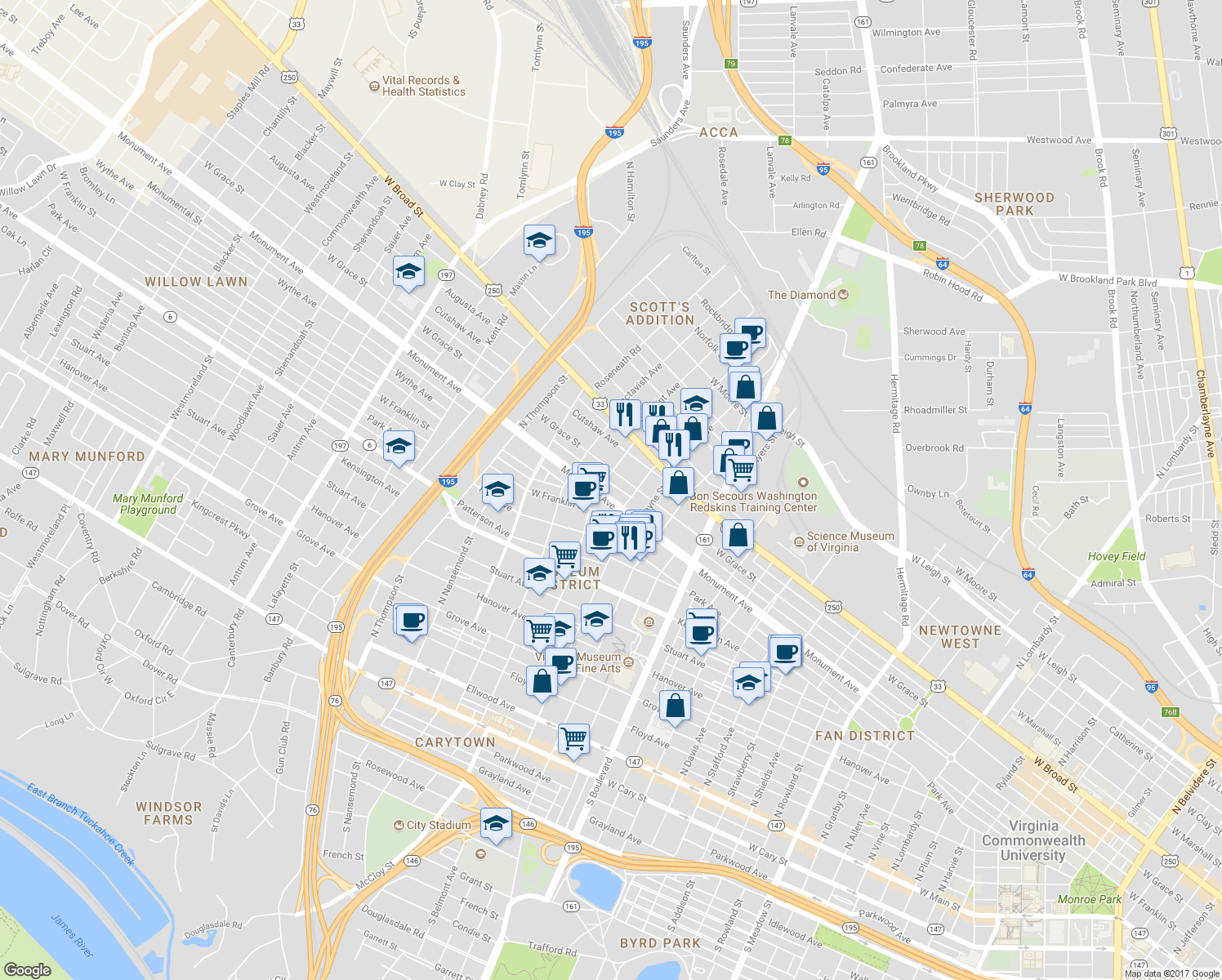 map of restaurants, bars, coffee shops, grocery stores, and more near 3142 Monument Avenue in Richmond