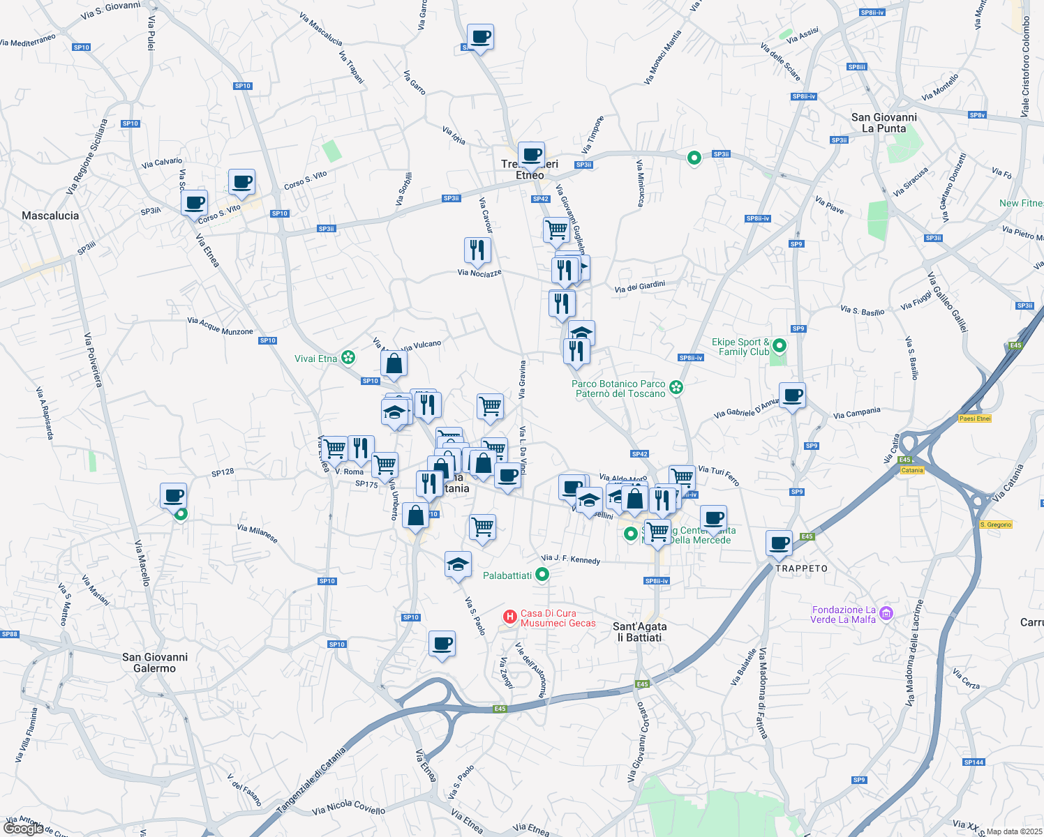 map of restaurants, bars, coffee shops, grocery stores, and more near 25 Via San Paolo in Tremestieri Etneo