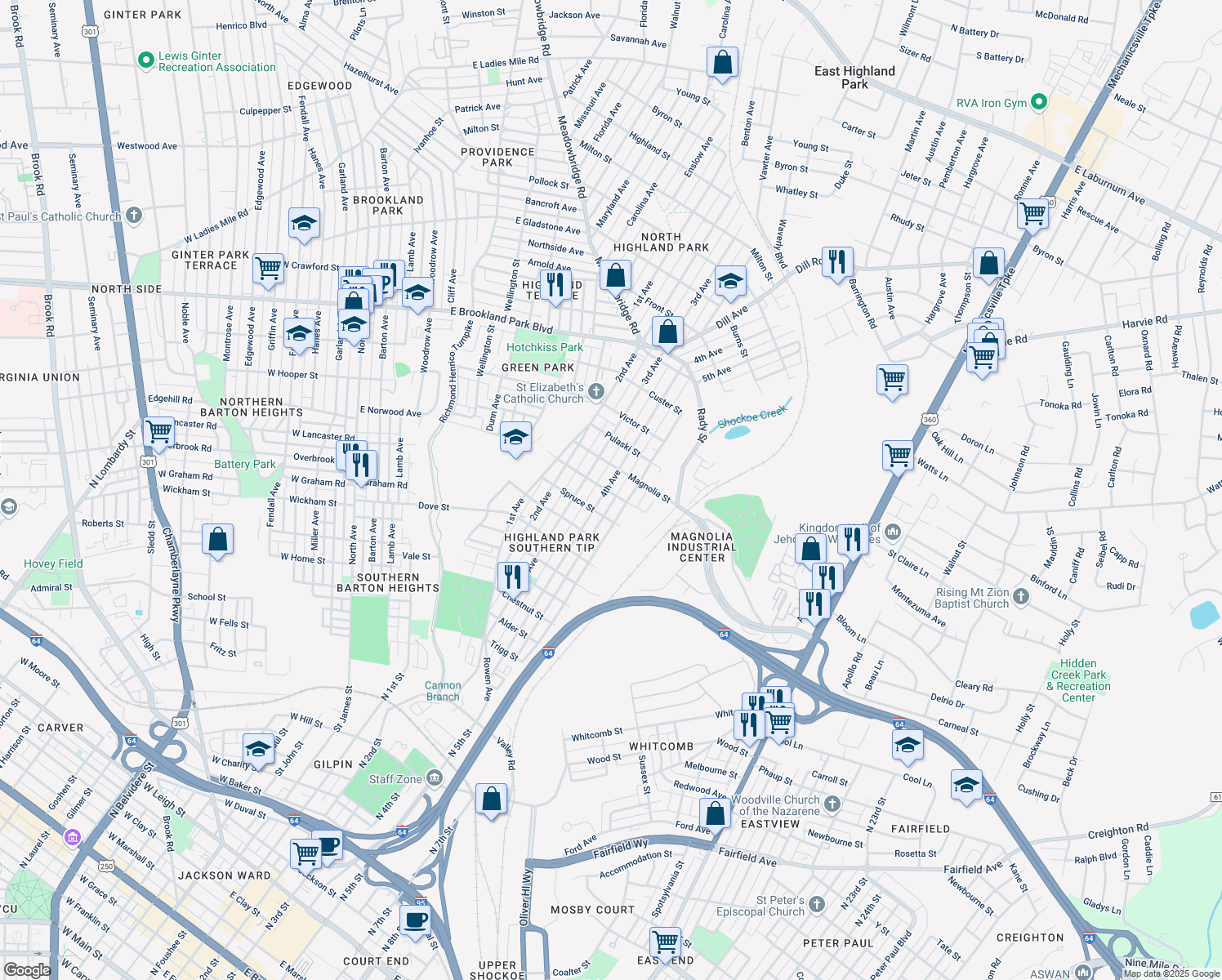 map of restaurants, bars, coffee shops, grocery stores, and more near 2501 4th Avenue in Richmond