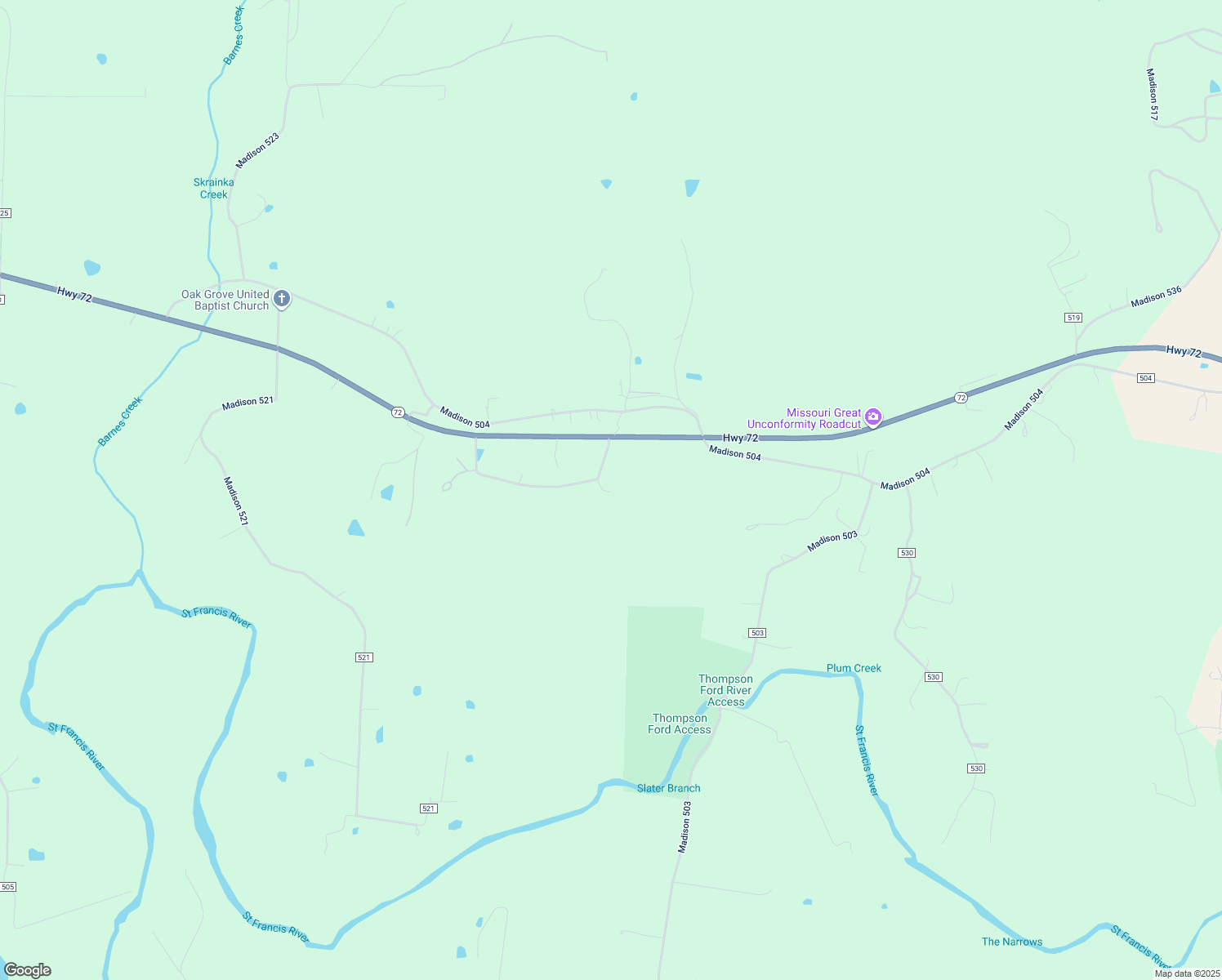 map of restaurants, bars, coffee shops, grocery stores, and more near 2591 Missouri 72 in Fredericktown