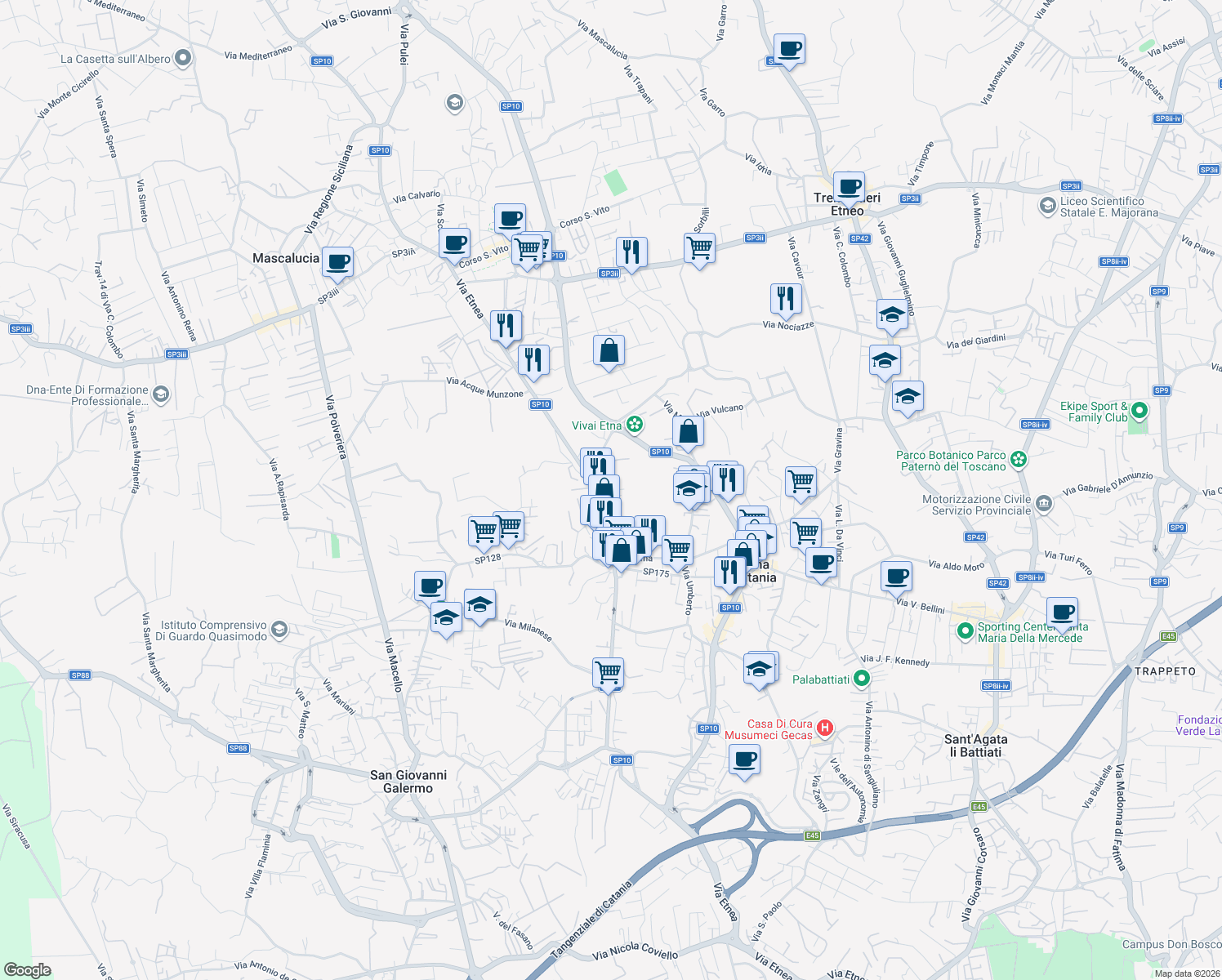 map of restaurants, bars, coffee shops, grocery stores, and more near 14 Vico Agatino in Gravina di Catania