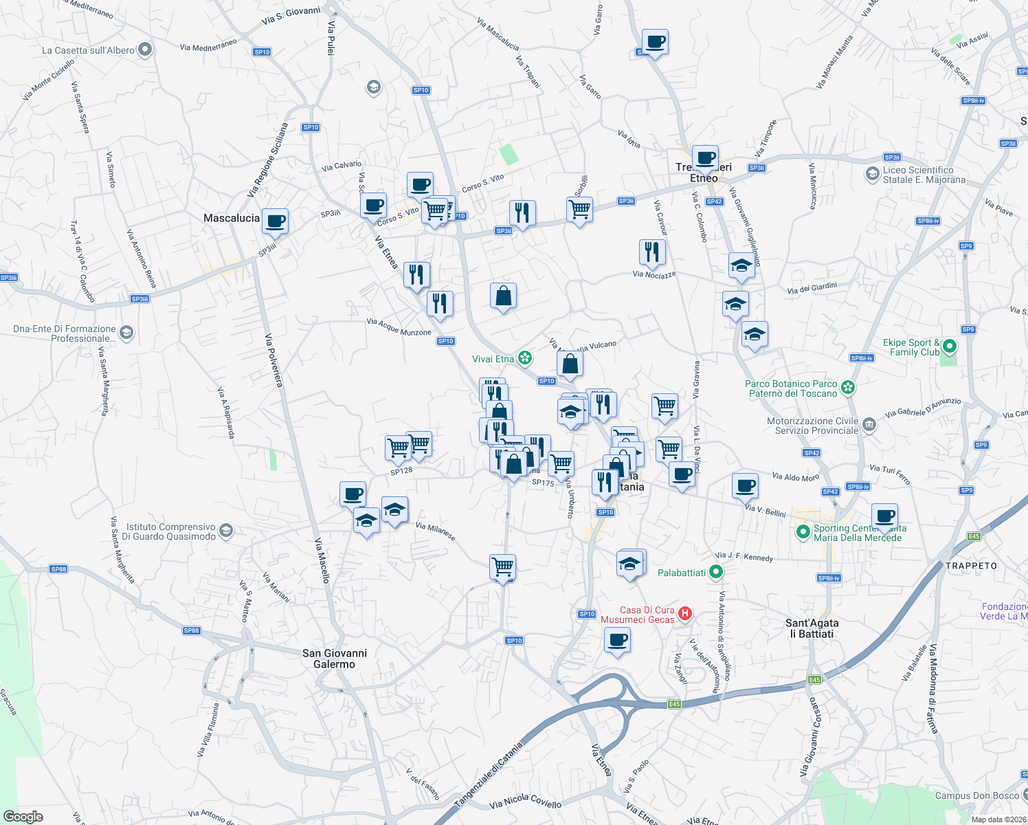 map of restaurants, bars, coffee shops, grocery stores, and more near 14 Vico Agatino in Gravina di Catania