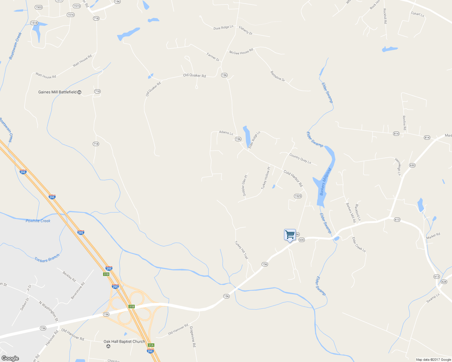 map of restaurants, bars, coffee shops, grocery stores, and more near 6078 Adams Lane in Mechanicsville