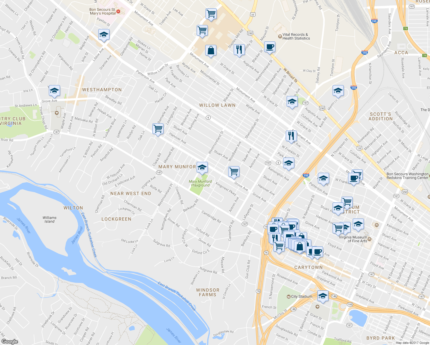 map of restaurants, bars, coffee shops, grocery stores, and more near 4407 Grove Avenue in Richmond
