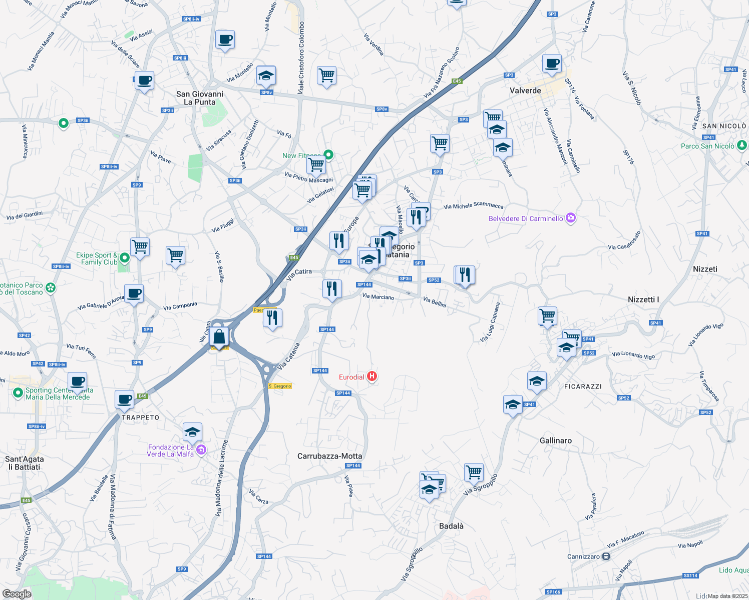 map of restaurants, bars, coffee shops, grocery stores, and more near 6 Vico Consoli in San Gregorio di Catania