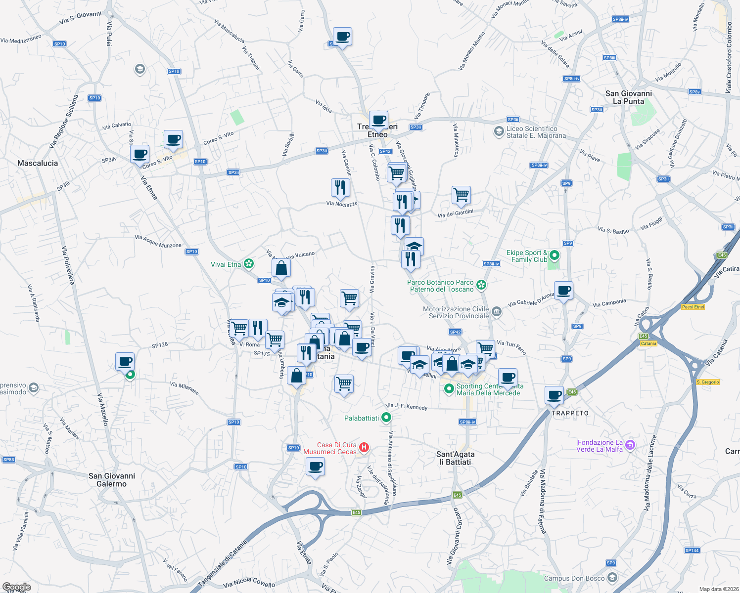 map of restaurants, bars, coffee shops, grocery stores, and more near 10 Via Giovanni Gentile in Tremestieri Etneo