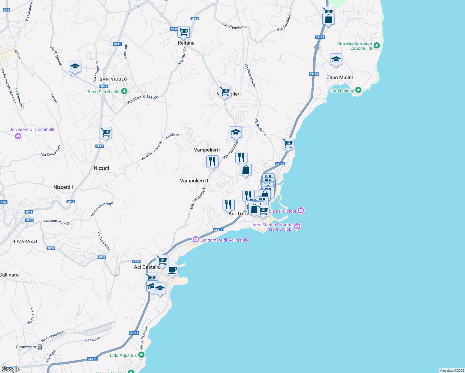 map of restaurants, bars, coffee shops, grocery stores, and more near 220 Via Litteri in Aci Castello