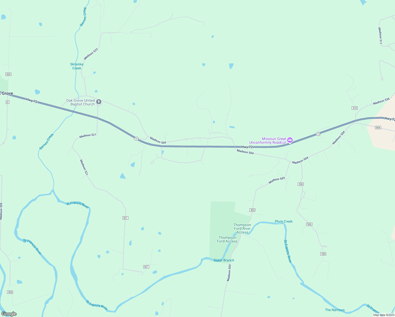 map of restaurants, bars, coffee shops, grocery stores, and more near 2589 Missouri 72 in Fredericktown