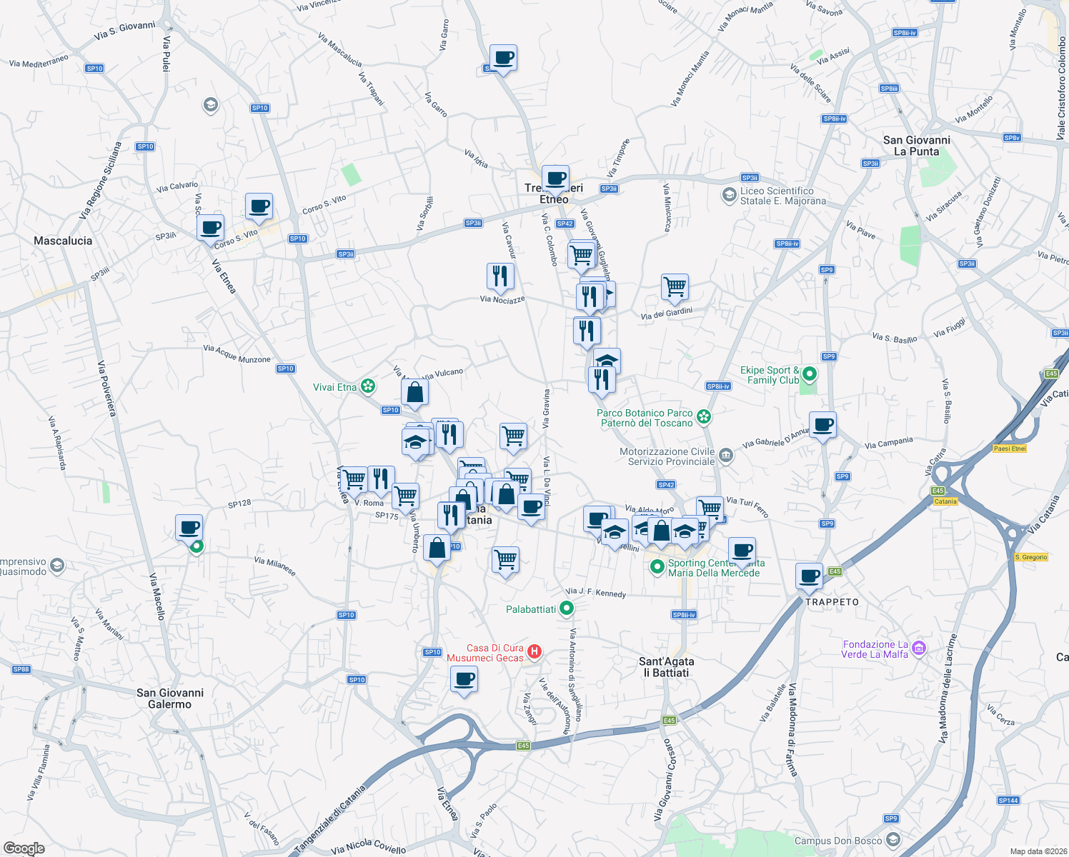 map of restaurants, bars, coffee shops, grocery stores, and more near 10 Via Giovanni Gentile in Tremestieri Etneo