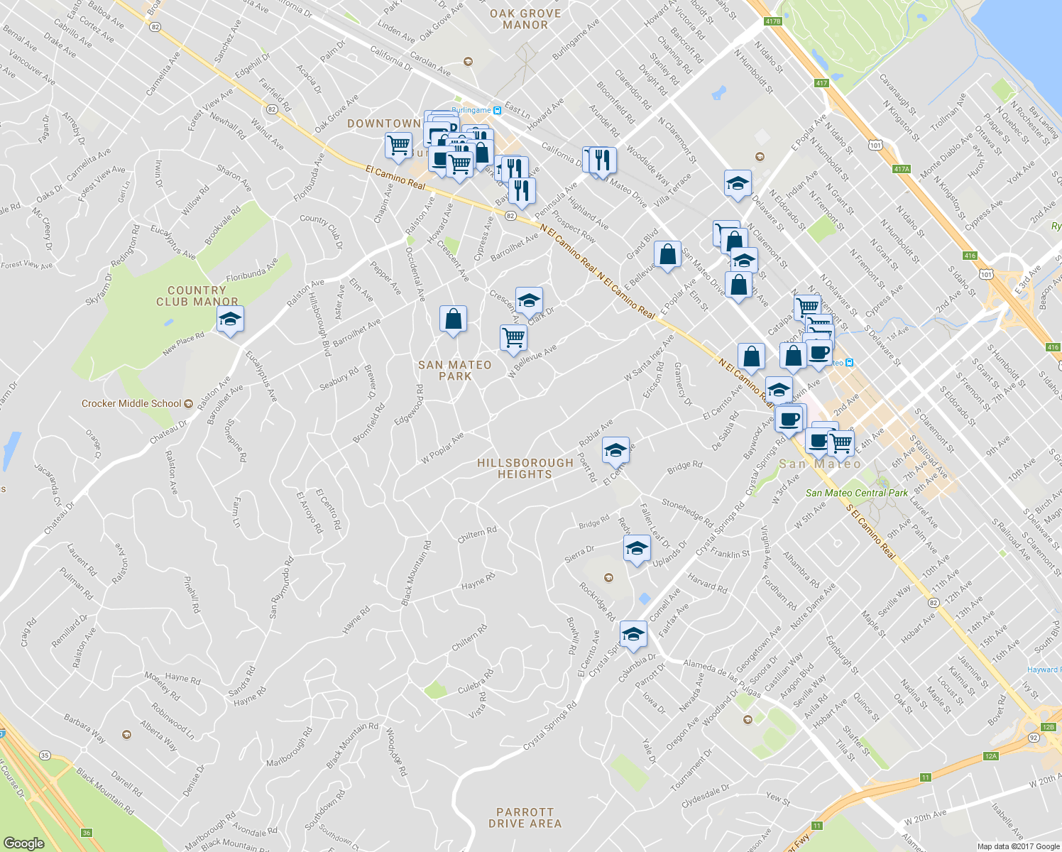 map of restaurants, bars, coffee shops, grocery stores, and more near 320 West Santa Inez Avenue in Hillsborough