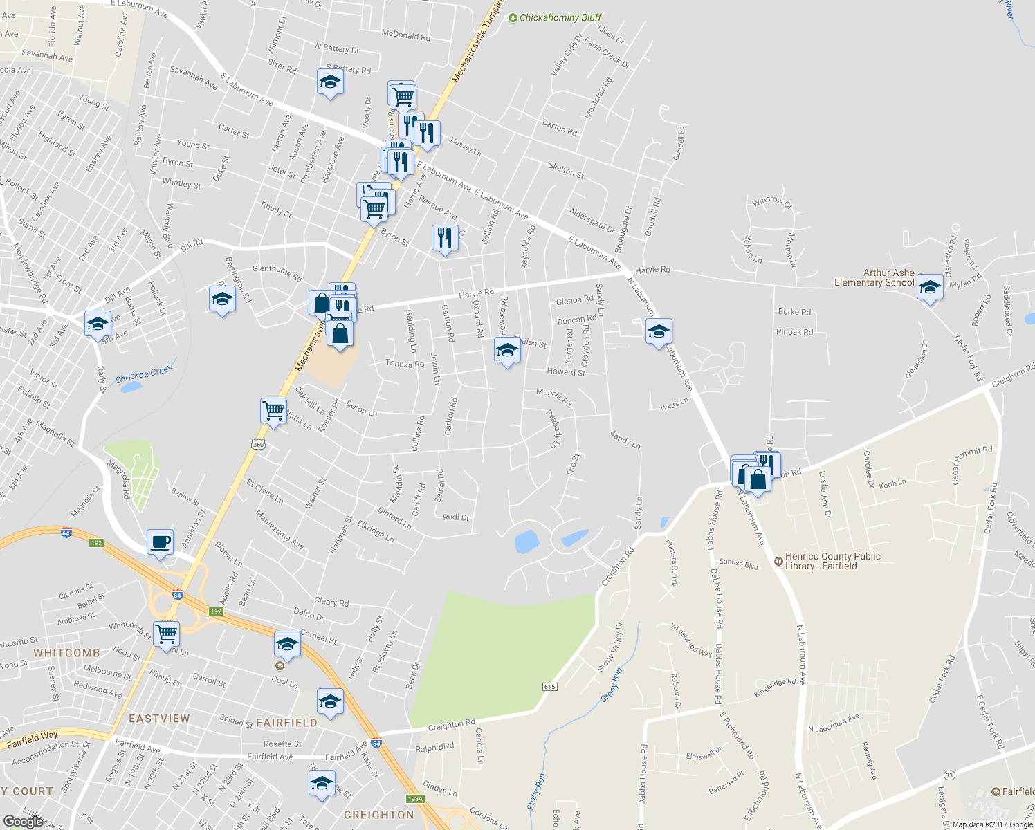 map of restaurants, bars, coffee shops, grocery stores, and more near 3106 Reynolds Road in Richmond