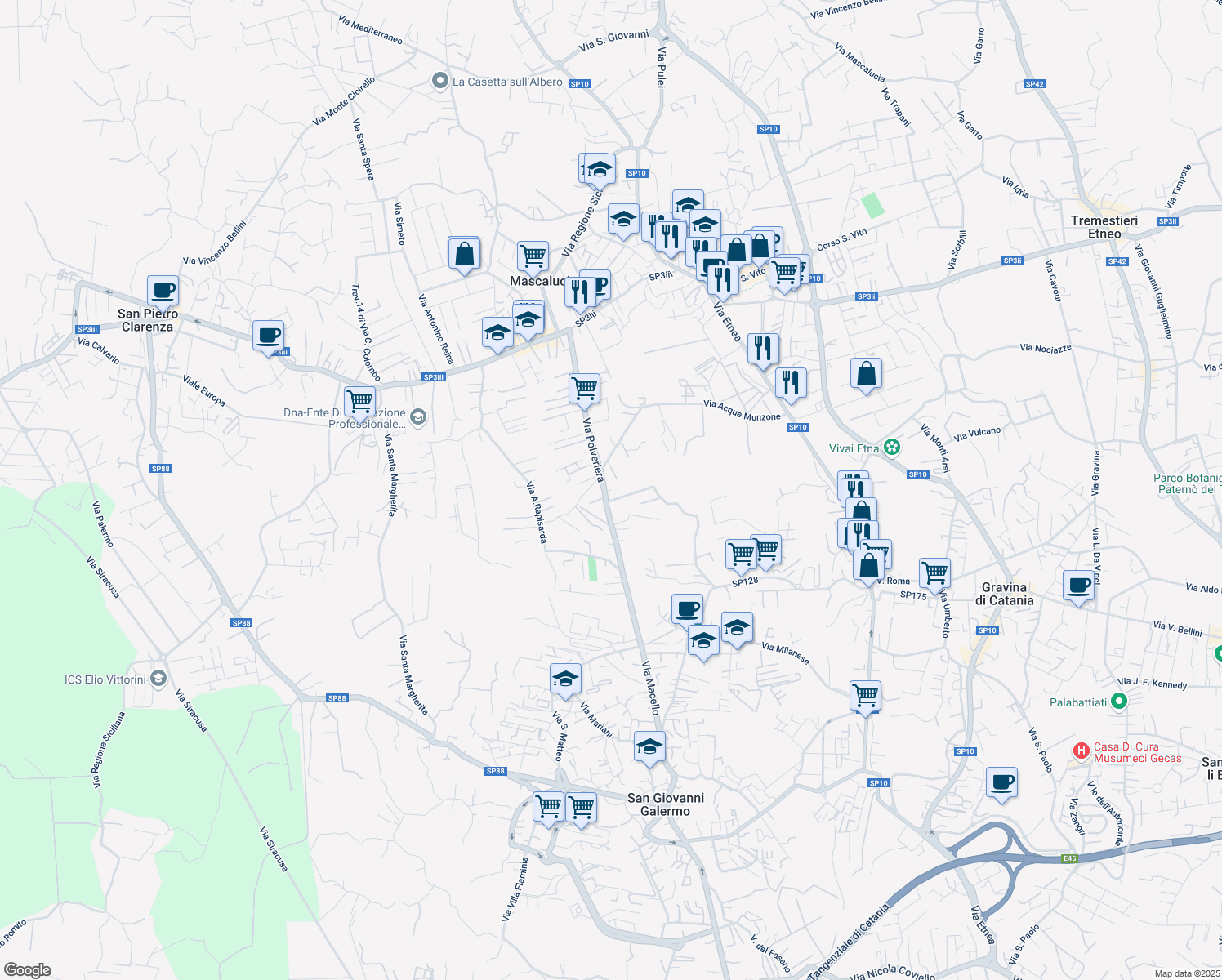 map of restaurants, bars, coffee shops, grocery stores, and more near 47 Via Corridoni Filippo in Gravina di Catania