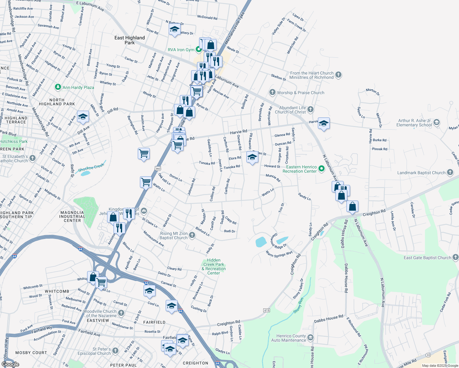 map of restaurants, bars, coffee shops, grocery stores, and more near 3103 Carlton Rd in Richmond
