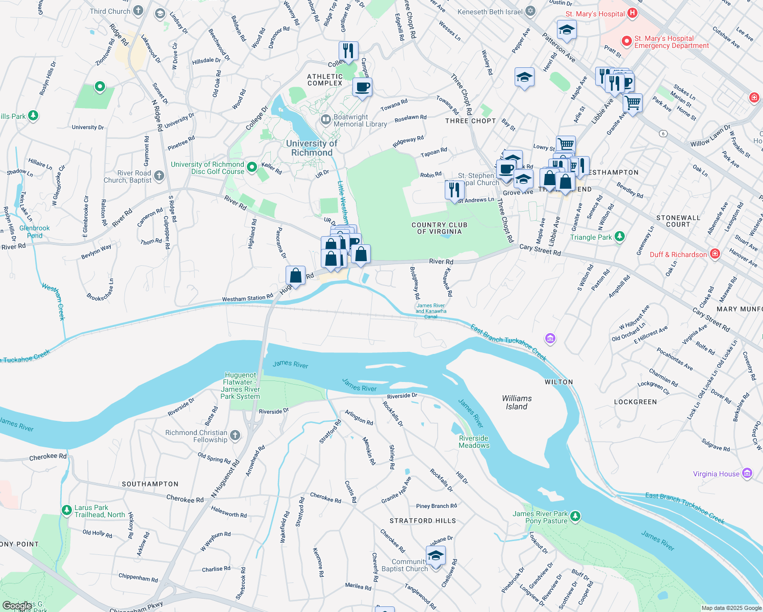 map of restaurants, bars, coffee shops, grocery stores, and more near 5999 River Road in Richmond