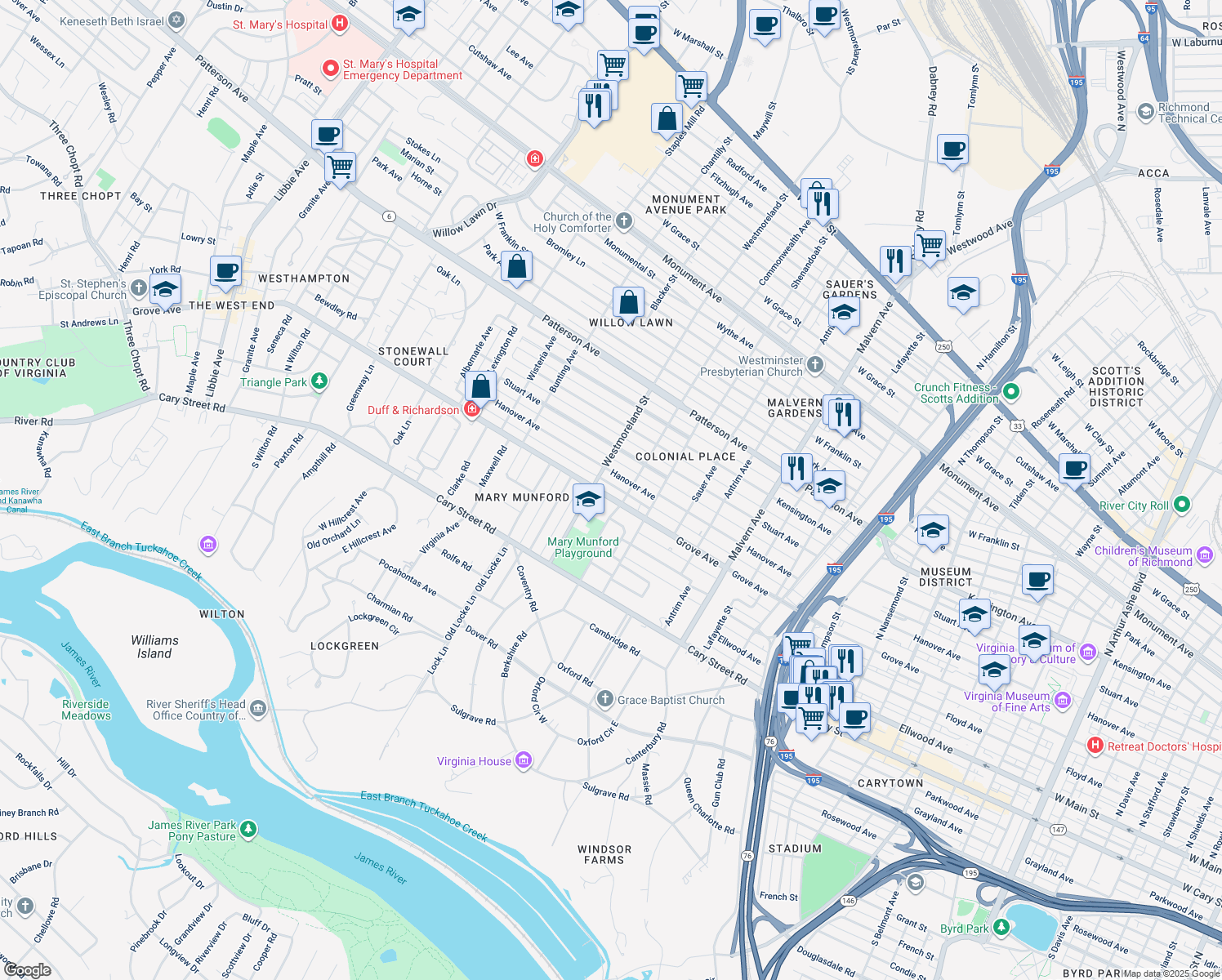 map of restaurants, bars, coffee shops, grocery stores, and more near 4512 Grove Avenue in Richmond