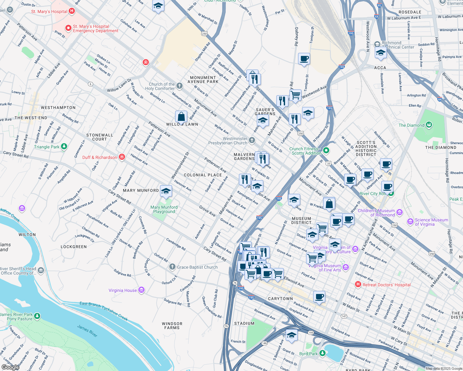 map of restaurants, bars, coffee shops, grocery stores, and more near 4106 Kensington Avenue in Richmond