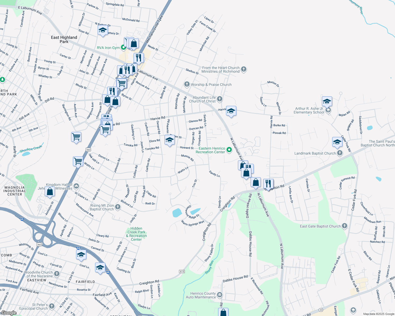 map of restaurants, bars, coffee shops, grocery stores, and more near 2913 Sandy Grove Court in Richmond