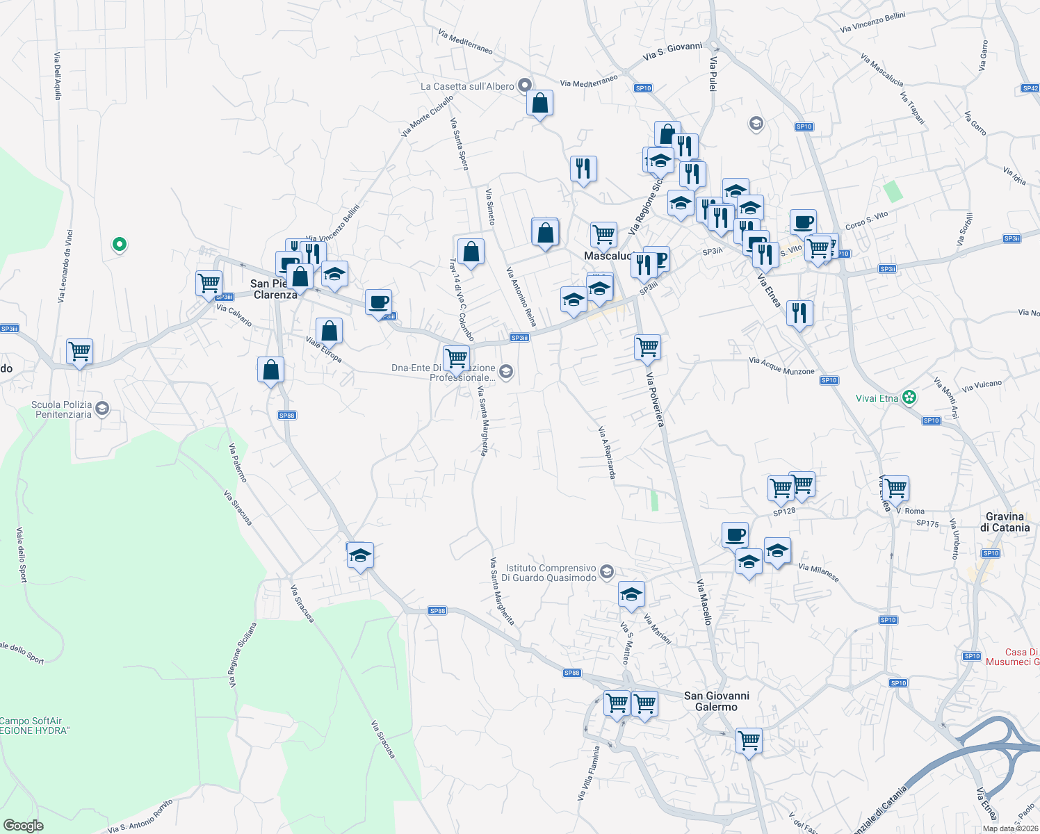 map of restaurants, bars, coffee shops, grocery stores, and more near 24 Via Indipendenza in Mascalucia