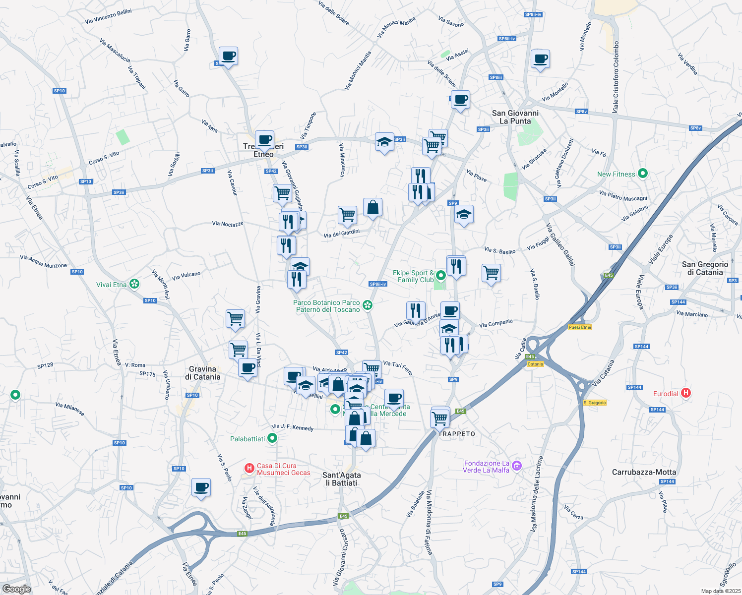 map of restaurants, bars, coffee shops, grocery stores, and more near 65 Via Roma in Sant'agata Li Battiati