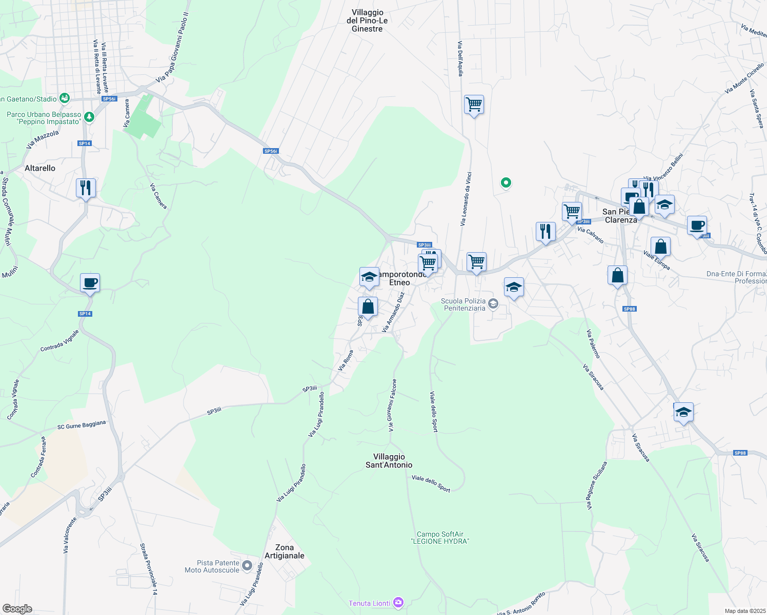 map of restaurants, bars, coffee shops, grocery stores, and more near 51 Via Roma in Camporotondo Etneo