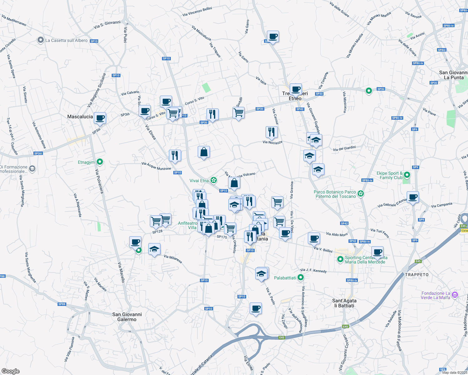 map of restaurants, bars, coffee shops, grocery stores, and more near 7 Via Monti Arsi in Gravina di Catania