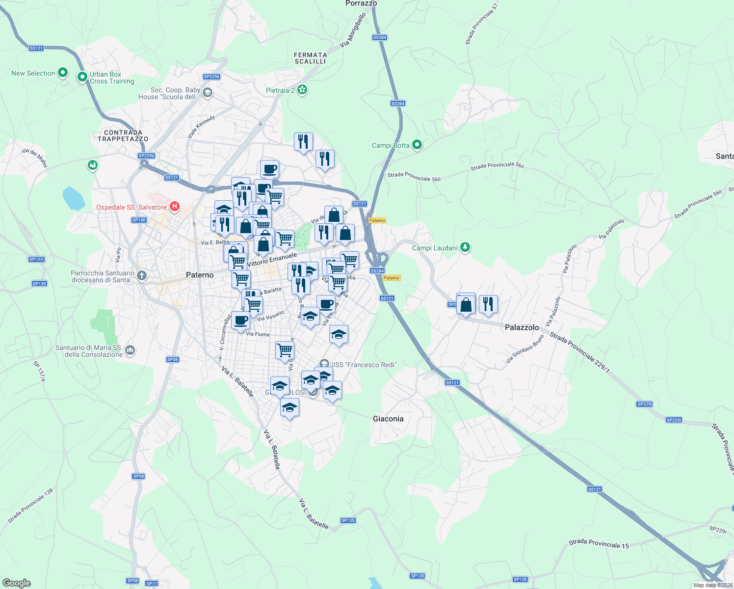 map of restaurants, bars, coffee shops, grocery stores, and more near 10 Via Dalmazia in Paternò
