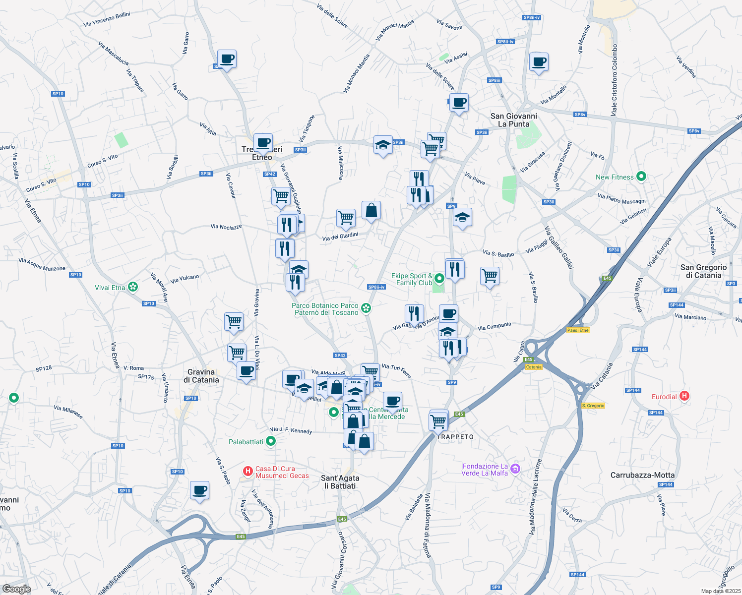 map of restaurants, bars, coffee shops, grocery stores, and more near 65 Via Roma in Sant'Agata li Battiati