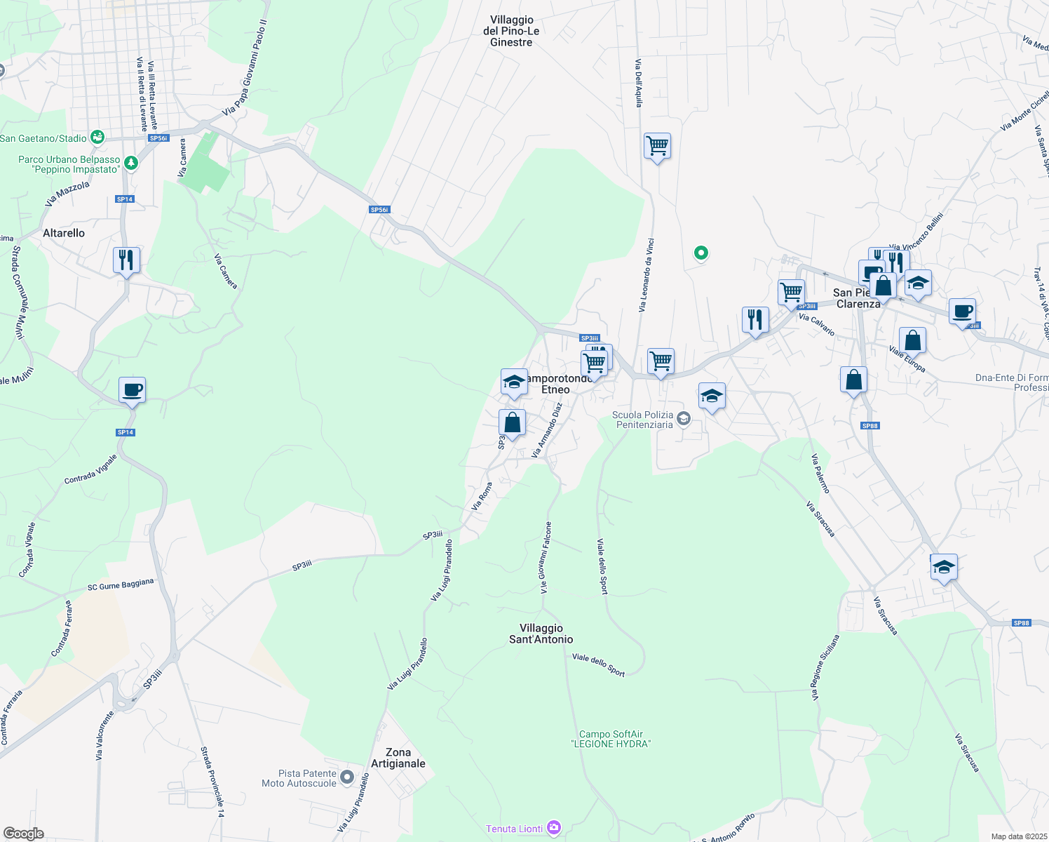 map of restaurants, bars, coffee shops, grocery stores, and more near 51 Via Roma in Camporotondo Etneo