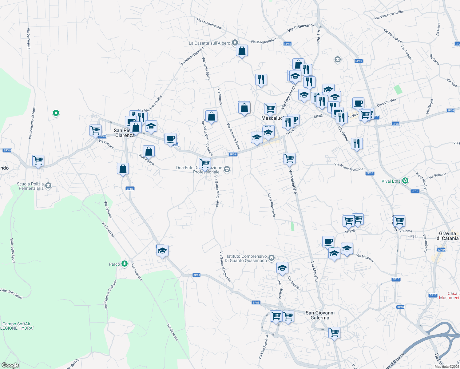map of restaurants, bars, coffee shops, grocery stores, and more near 24 Via Indipendenza in Mascalucia