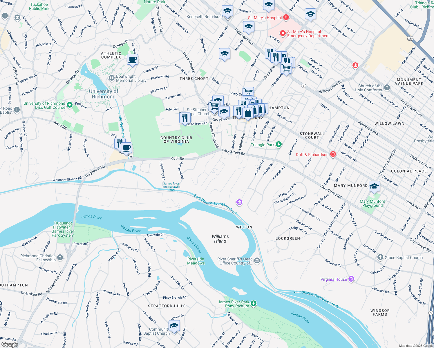 map of restaurants, bars, coffee shops, grocery stores, and more near 20 Blandwood Road in Richmond