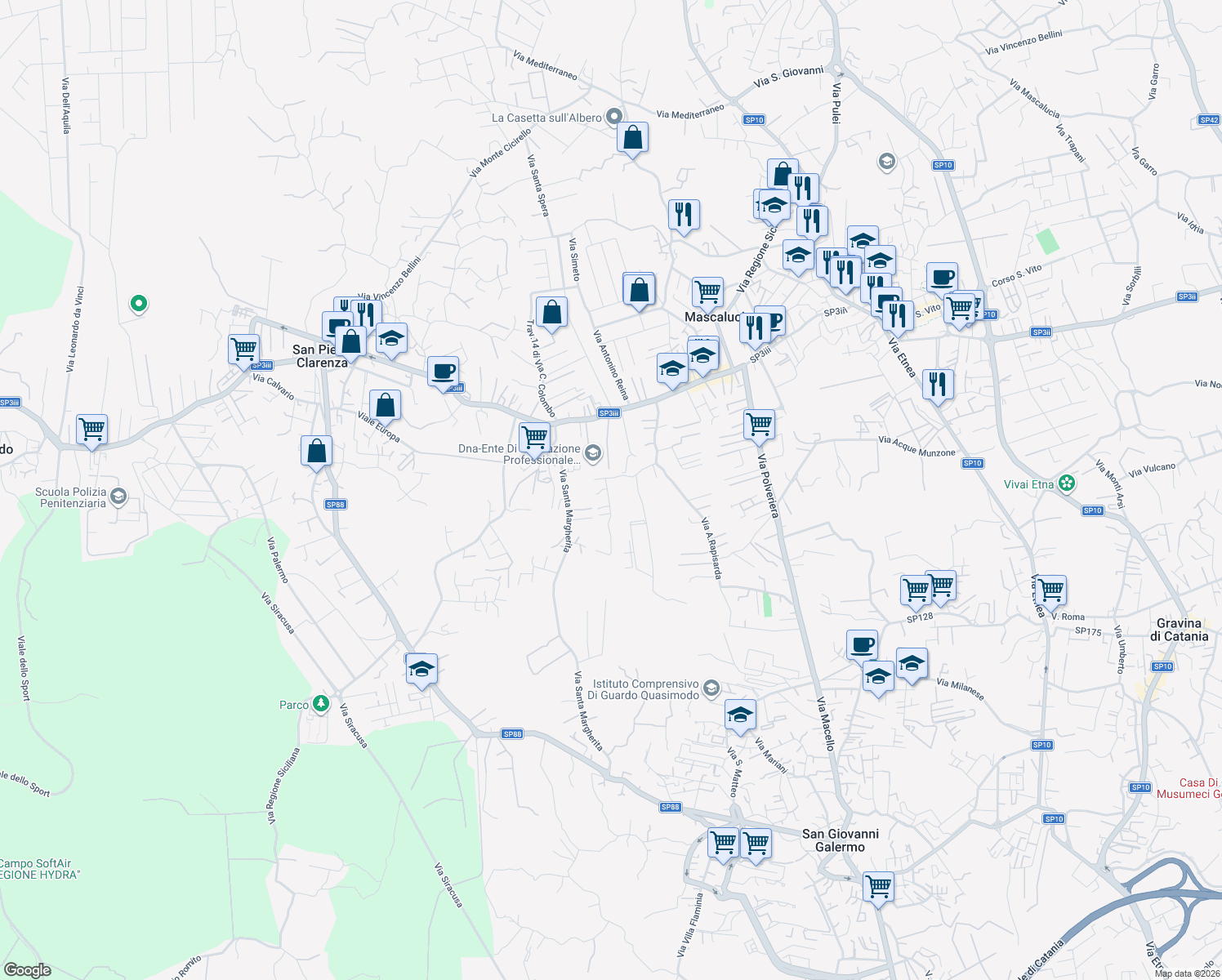 map of restaurants, bars, coffee shops, grocery stores, and more near 24 Via Indipendenza in Mascalucia