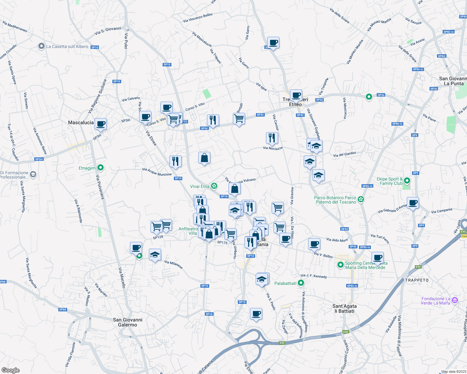map of restaurants, bars, coffee shops, grocery stores, and more near 7 Via Monti Arsi in Gravina di Catania