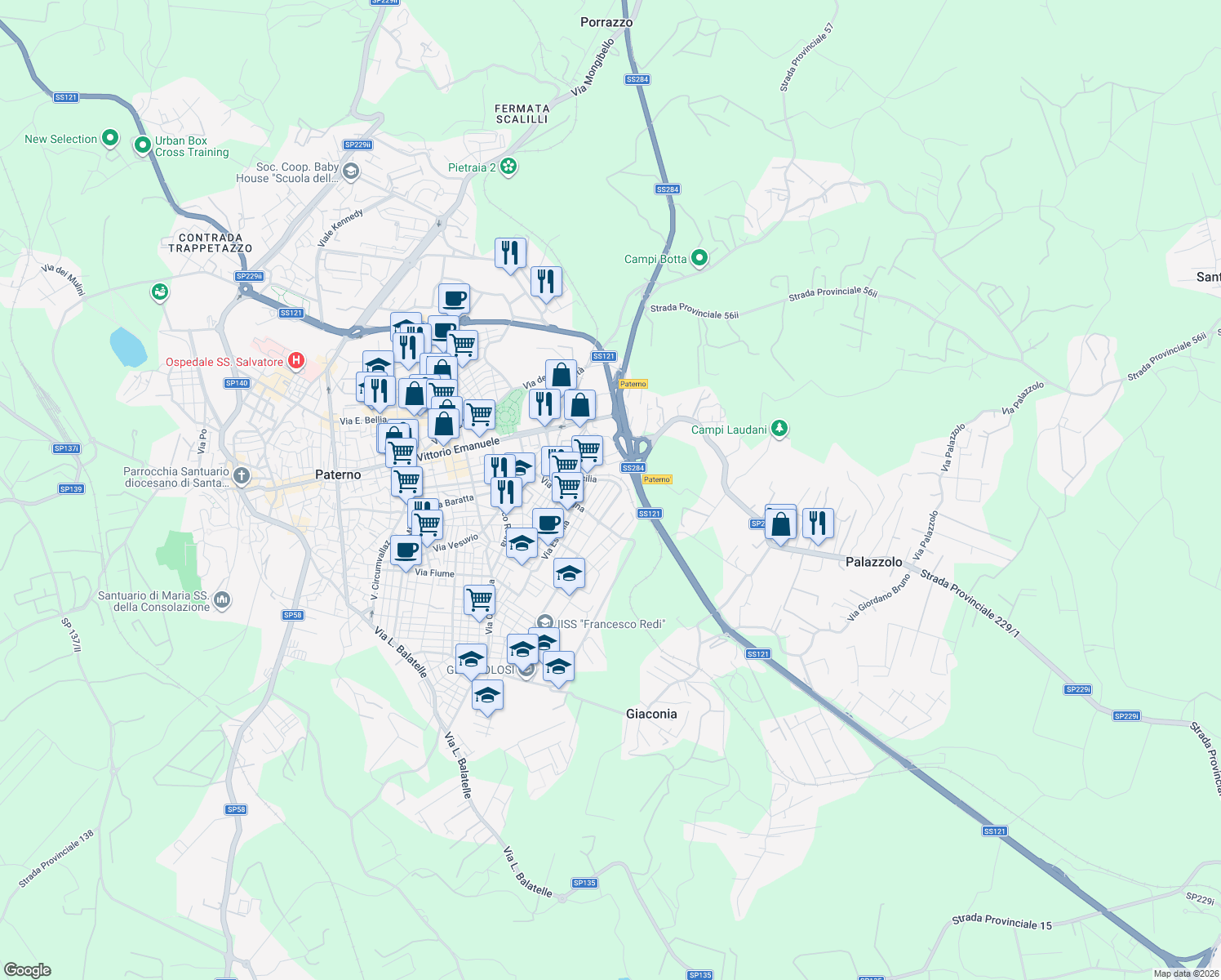 map of restaurants, bars, coffee shops, grocery stores, and more near 10 Via Dalmazia in Paternò