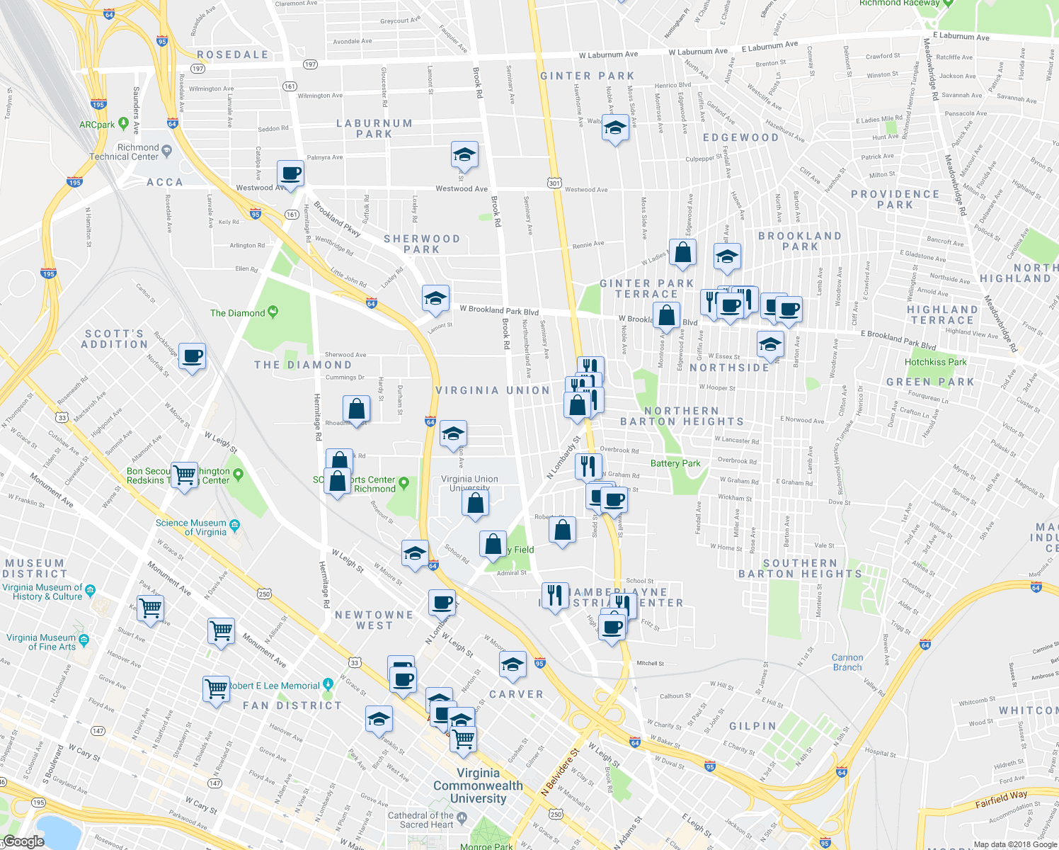 map of restaurants, bars, coffee shops, grocery stores, and more near 2610 Northumberland Avenue in Richmond