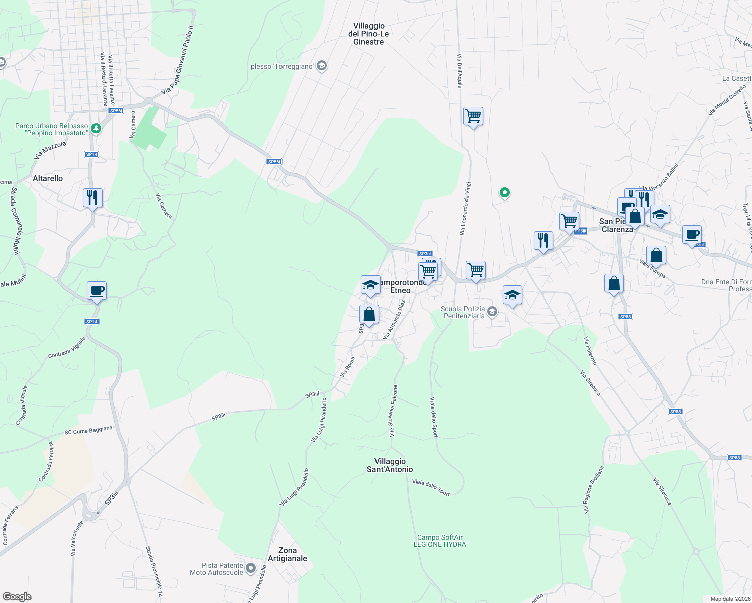 map of restaurants, bars, coffee shops, grocery stores, and more near 16/A Via Antonino Corsaro in Camporotondo Etneo