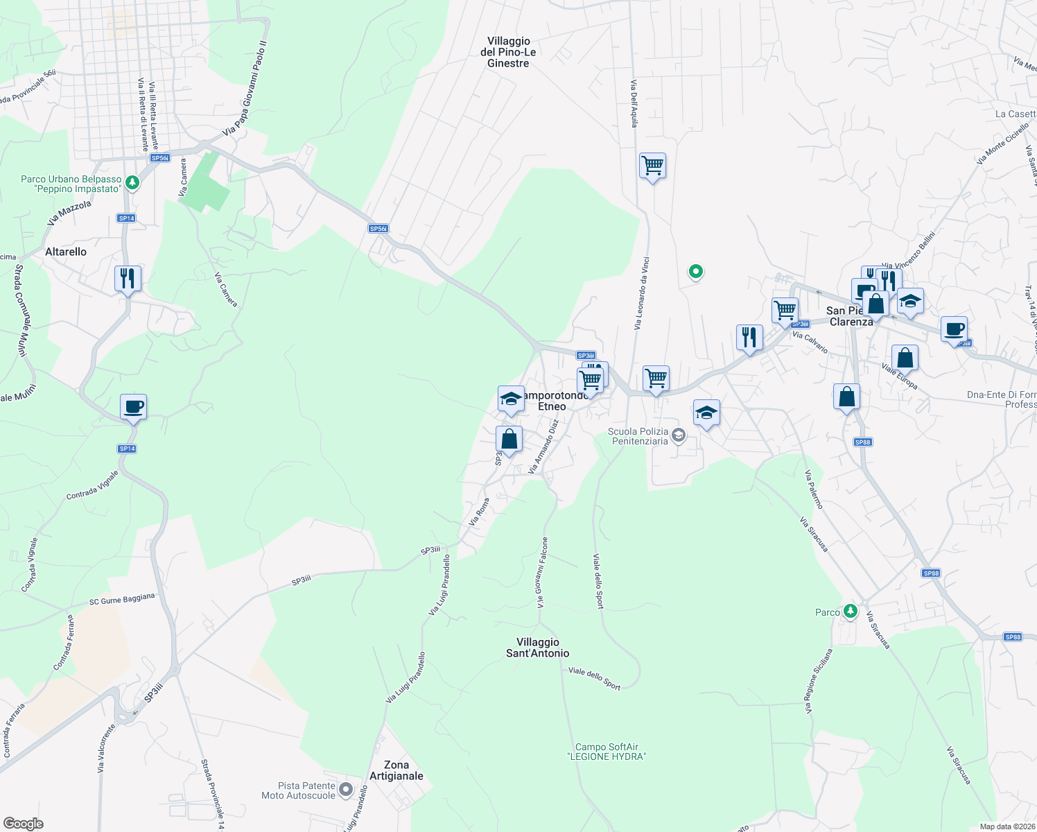 map of restaurants, bars, coffee shops, grocery stores, and more near 16/A Via Antonino Corsaro in Camporotondo Etneo