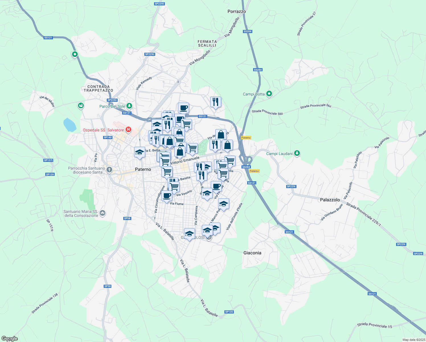 map of restaurants, bars, coffee shops, grocery stores, and more near 28 Via Sardegna in Paternò
