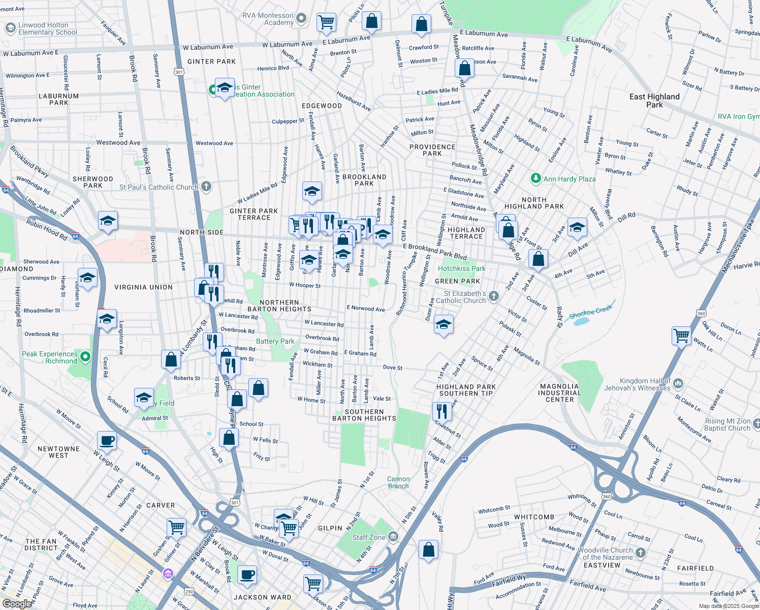 map of restaurants, bars, coffee shops, grocery stores, and more near 2704 Woodrow Avenue in Richmond