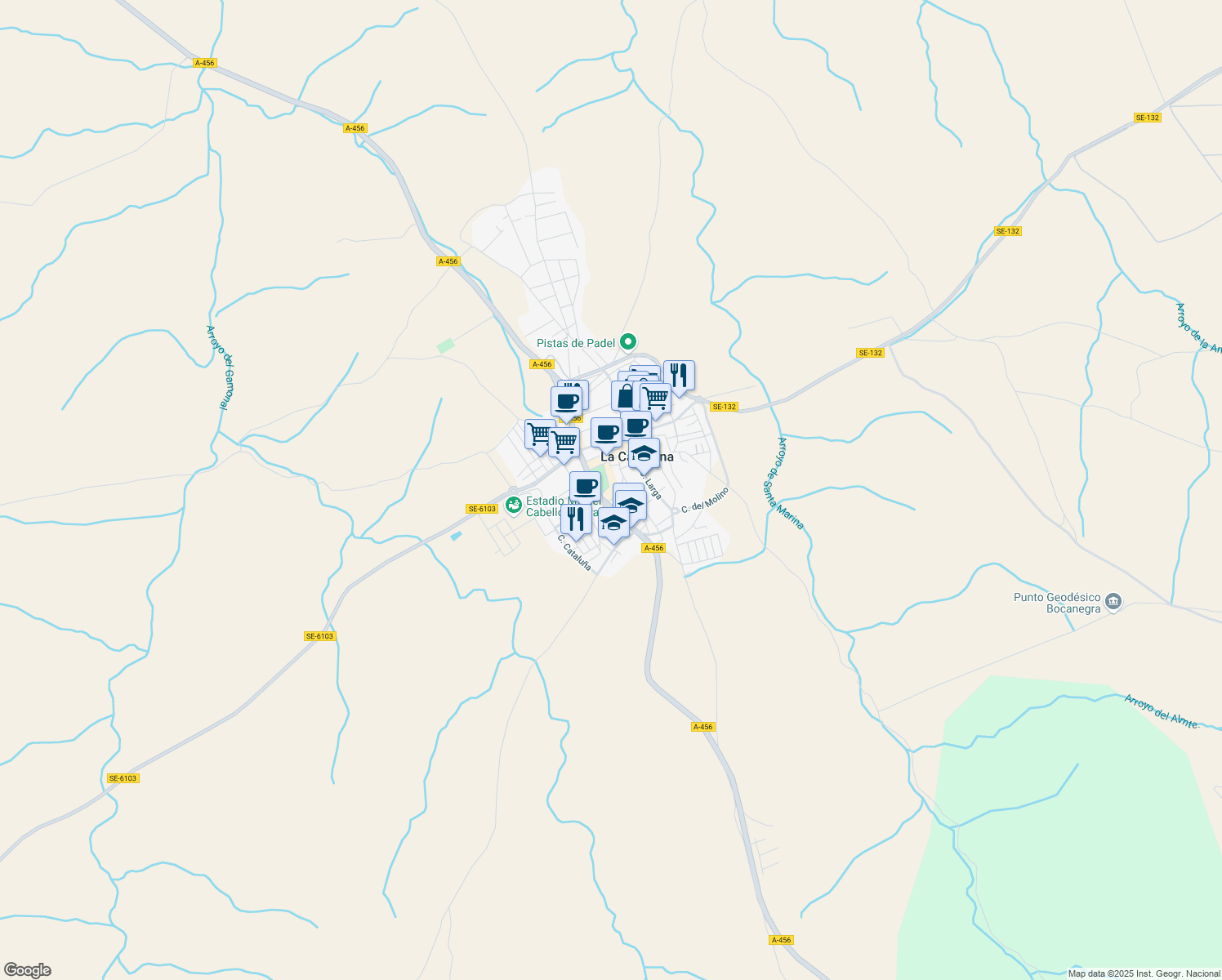 map of restaurants, bars, coffee shops, grocery stores, and more near 17 Plaza Antonio Machado in La Campana