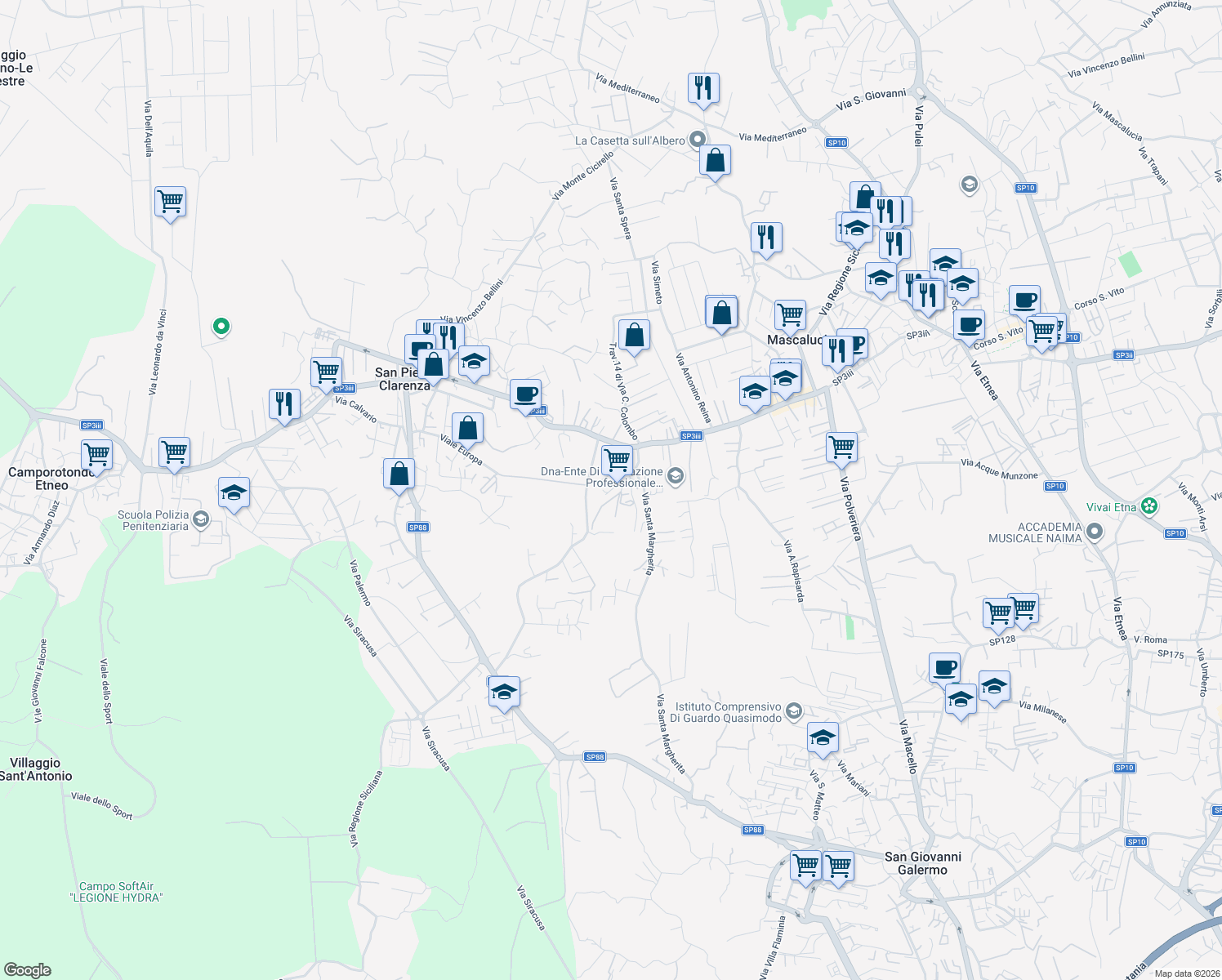 map of restaurants, bars, coffee shops, grocery stores, and more near 1 Via Monteverde in Mascalucia