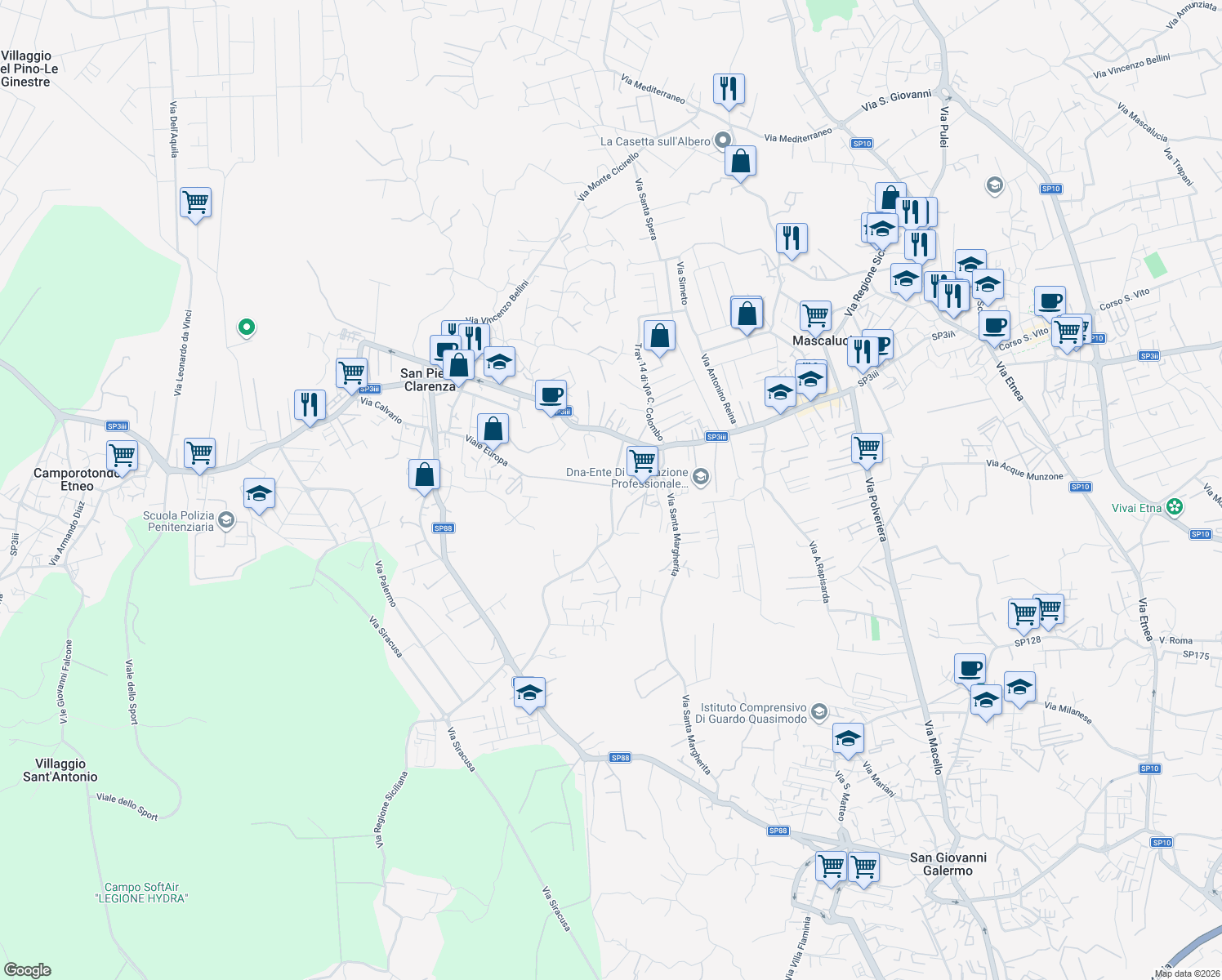 map of restaurants, bars, coffee shops, grocery stores, and more near 1 Via Monteverde in Mascalucia
