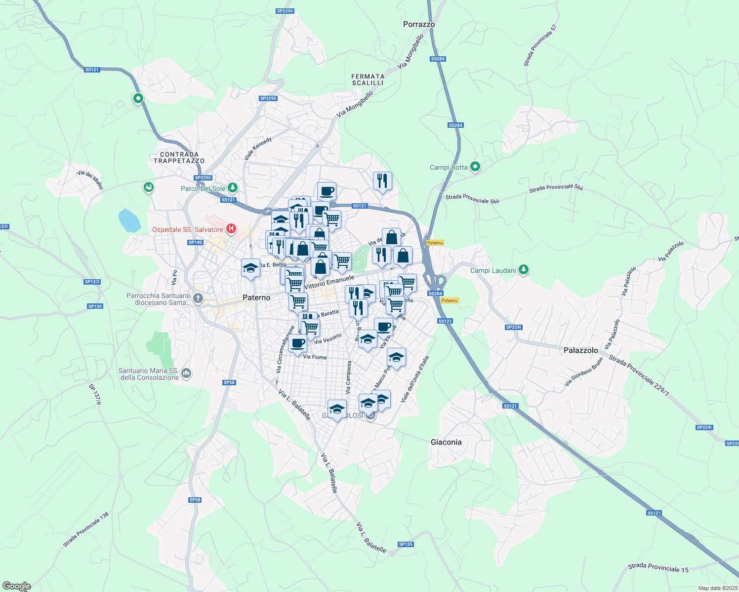 map of restaurants, bars, coffee shops, grocery stores, and more near 28 Via Sardegna in Paternò