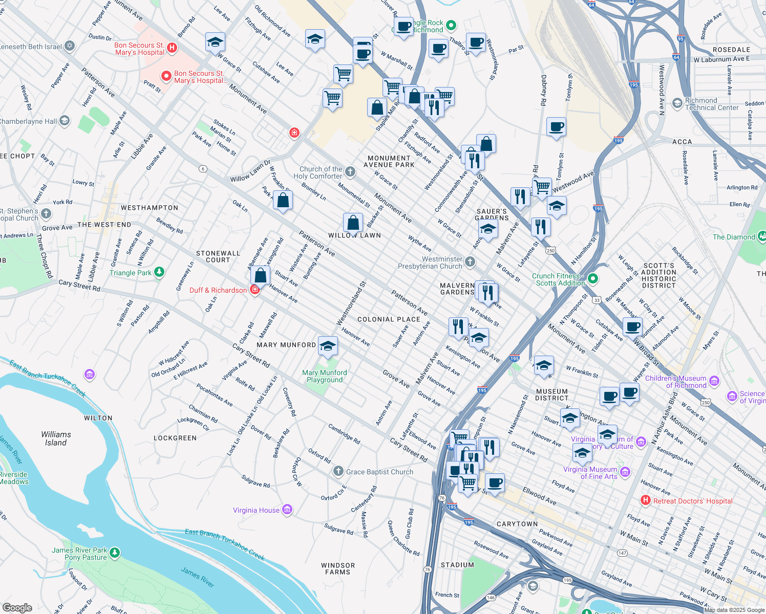 map of restaurants, bars, coffee shops, grocery stores, and more near 4407 Leonard Parkway in Richmond