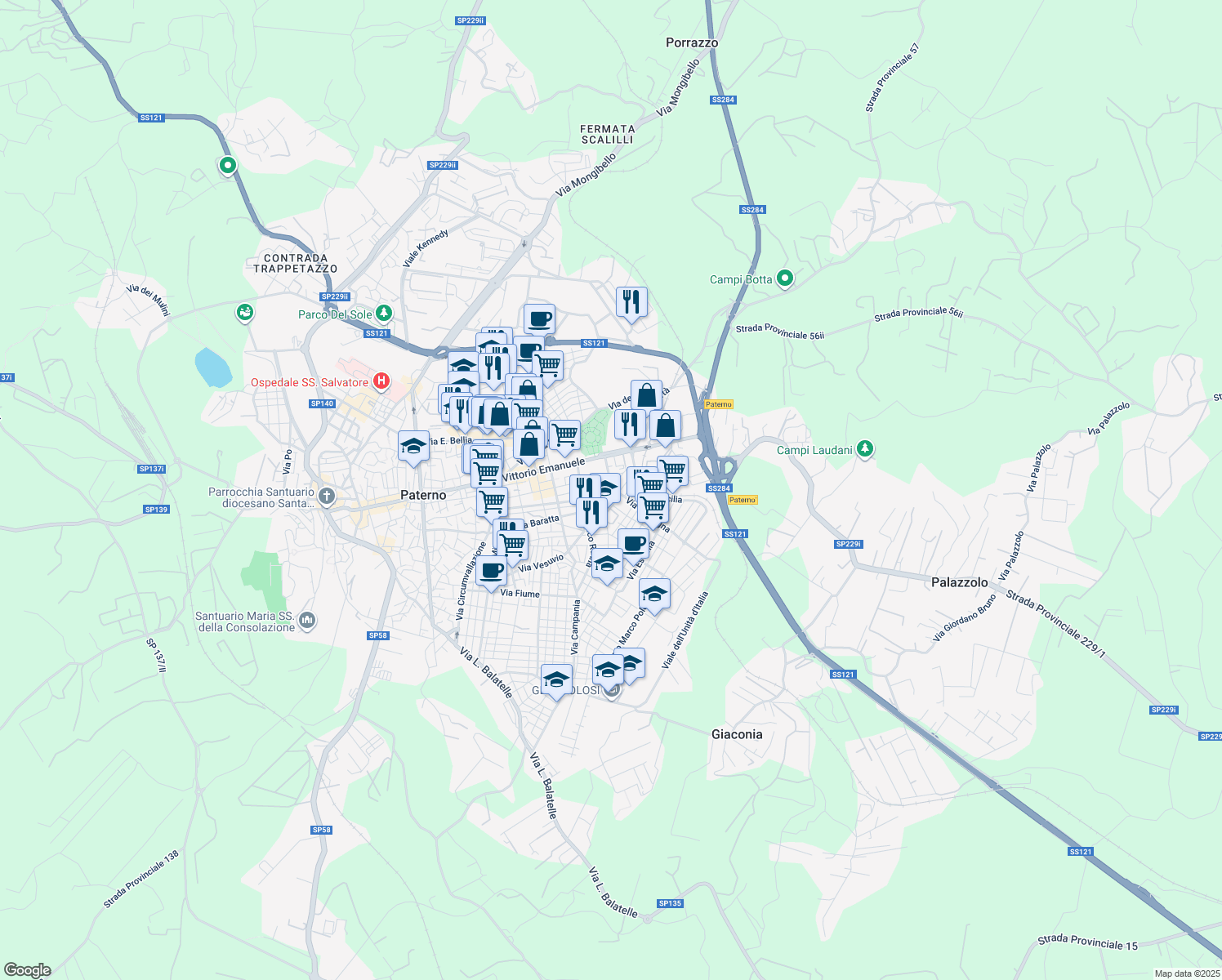 map of restaurants, bars, coffee shops, grocery stores, and more near 28 Via Sardegna in Paternò