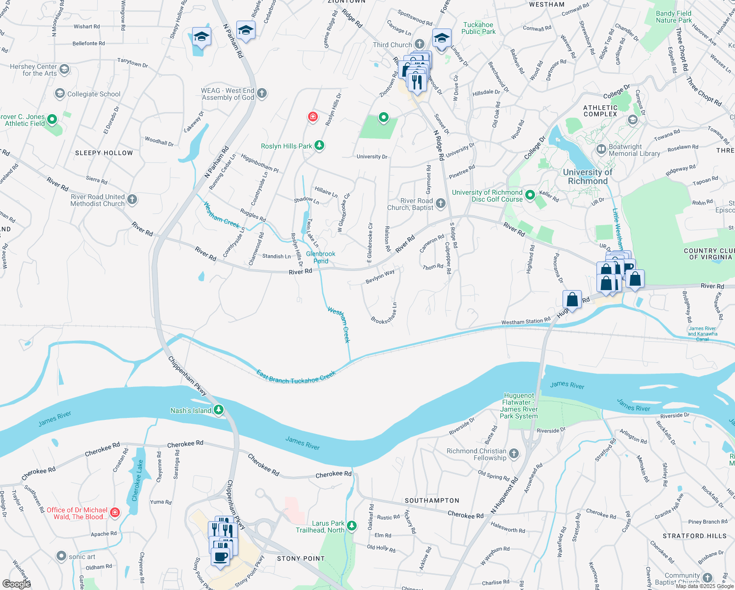 map of restaurants, bars, coffee shops, grocery stores, and more near 230 Brookschase Lane in Richmond