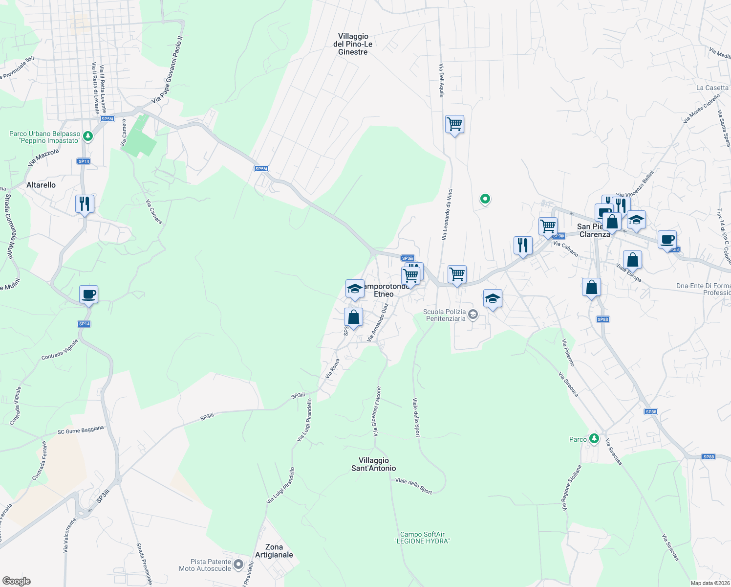 map of restaurants, bars, coffee shops, grocery stores, and more near 16 Via Antonino Corsaro in Camporotondo Etneo