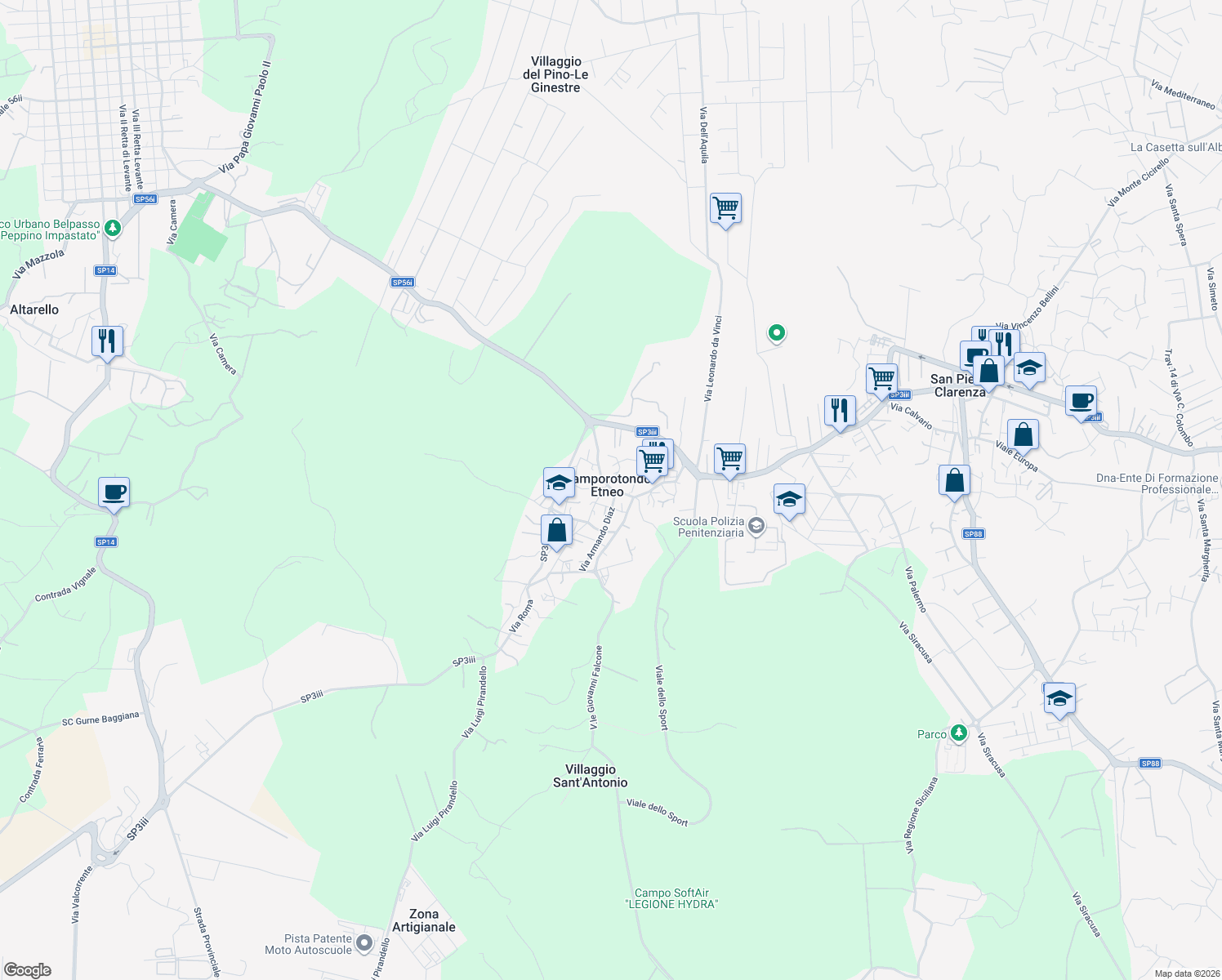 map of restaurants, bars, coffee shops, grocery stores, and more near 25 Piazza Sant'Antonio Abate in Camporotondo Etneo