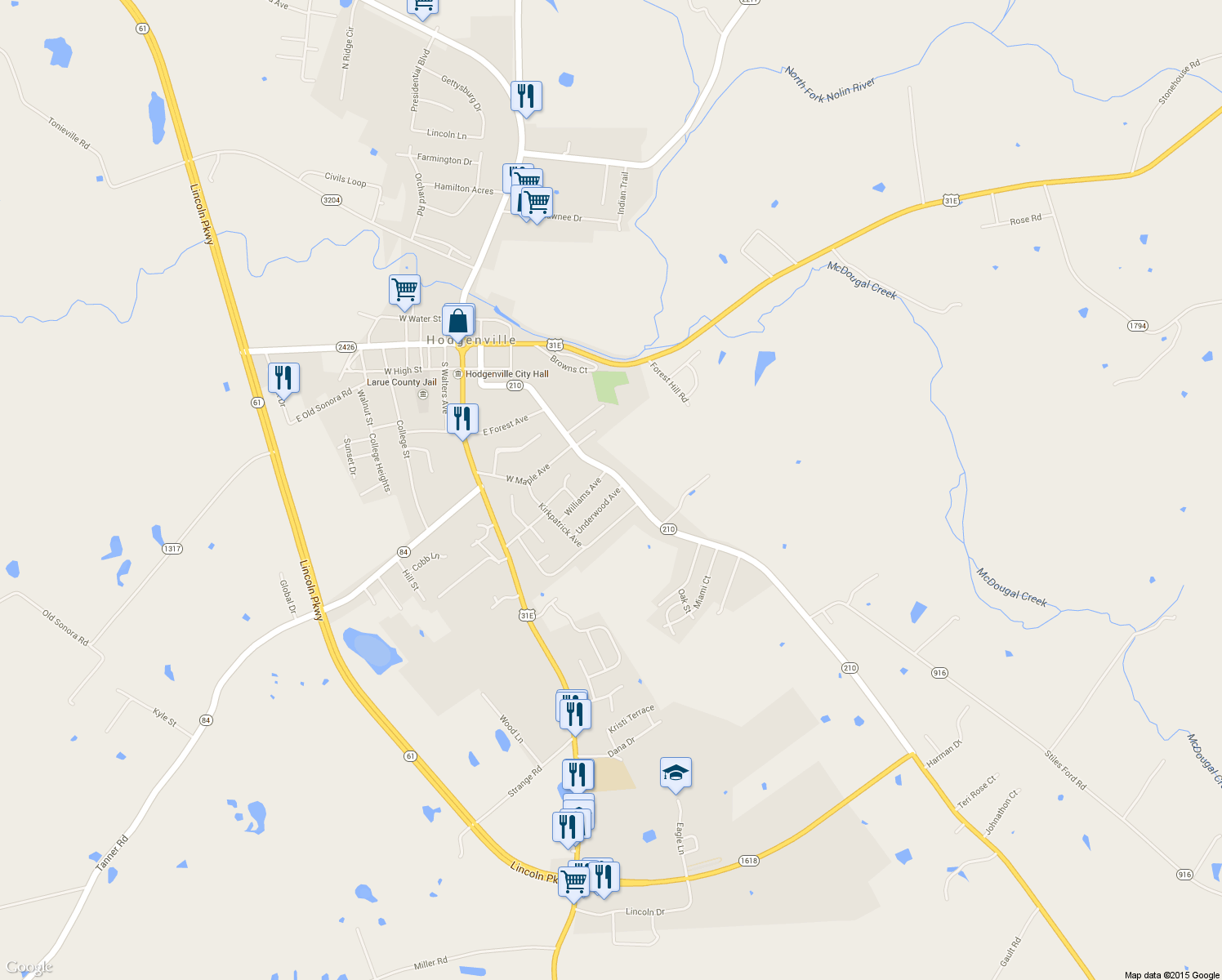 map of restaurants, bars, coffee shops, grocery stores, and more near 104 Underwood Ave in Hodgenville