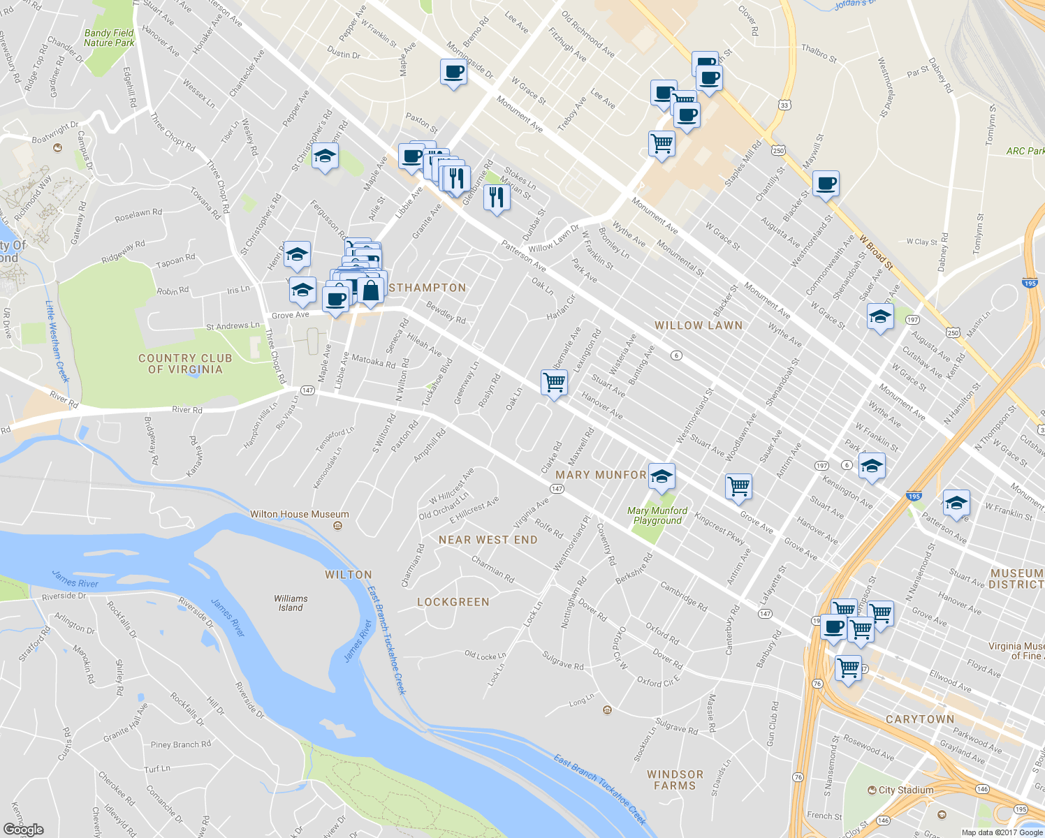 map of restaurants, bars, coffee shops, grocery stores, and more near 16 Albemarle Avenue in Richmond