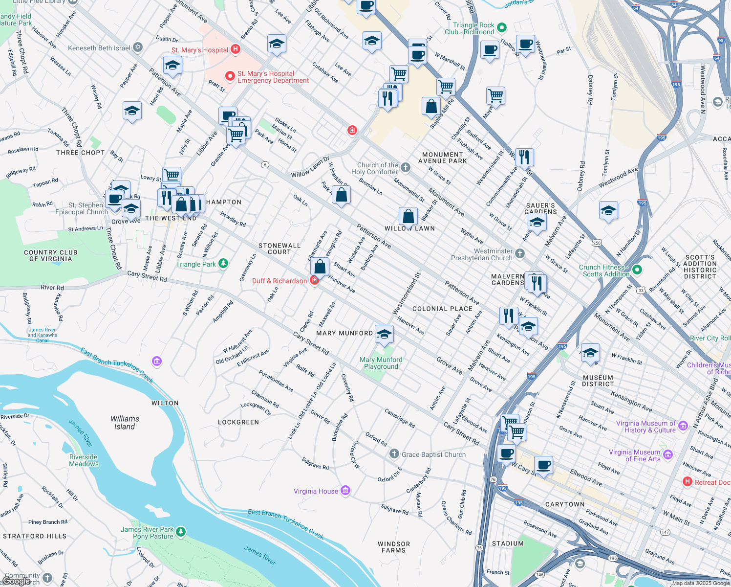 map of restaurants, bars, coffee shops, grocery stores, and more near 4632 Hanover Avenue in Richmond